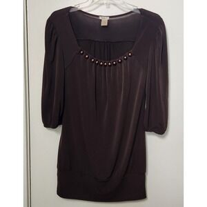 Vtg Studio Y Chocolate Brown Embellished Beaded 3/4‎ Sleeve Top Small Y2K 90s